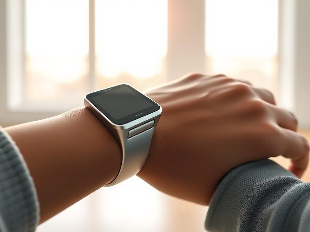A sleek, futuristic wearable device rests on a person's wrist, its OLED display glowing softly. The device's streamlined, ergonomic design blends seamlessly with the wearer's skin tone, creating an impression of high-tech elegance. The background features a serene, minimalist setting - a clean, bright room with large windows, casting a warm, natural light on the scene. The overall mood is one of calm, confidence, and a sense of personal empowerment through advanced health technology.