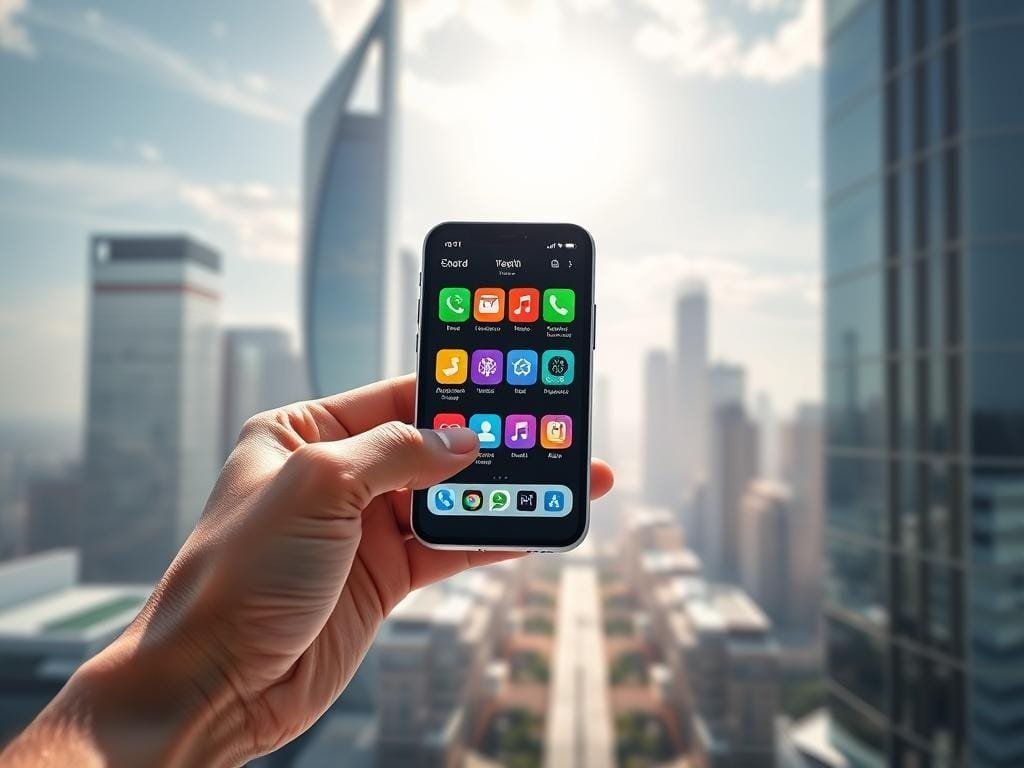 A sleek, modern mobile device held in a hand, its screen displaying a variety of colorful health-tracking apps. In the background, a minimalist, futuristic cityscape with towering skyscrapers and a vibrant, sun-dappled sky. The scene conveys a sense of innovation, technology, and personal empowerment, reflecting the ways in which mobile health apps are revolutionizing individual well-being. Soft, directional lighting casts subtle shadows, highlighting the device's smooth, metallic casing. The composition is balanced, with the mobile app icons and user interface elements taking center stage, surrounded by a clean, contemporary environment.