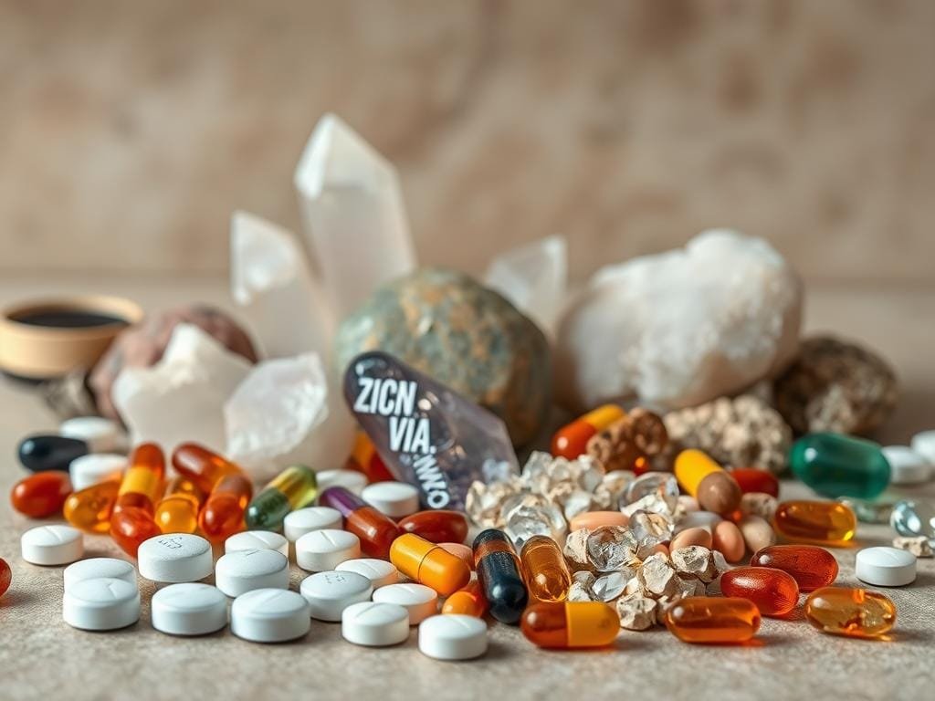 A still life arrangement featuring an assortment of natural minerals and supplements essential for immune support. In the foreground, large zinc and selenium tablets, surrounded by scattered iron pills, vitamin C crystals, and omega-3 capsules. In the middle ground, polished quartz, amethyst, and aventurine stones, radiating a soft, natural glow. The background is a muted, earthy tone, with minimal distractions, allowing the vibrant colors and textures of the minerals to take center stage. Lighting is diffused and gentle, accentuating the inherent beauty and therapeutic properties of these essential immune-boosting nutrients.
