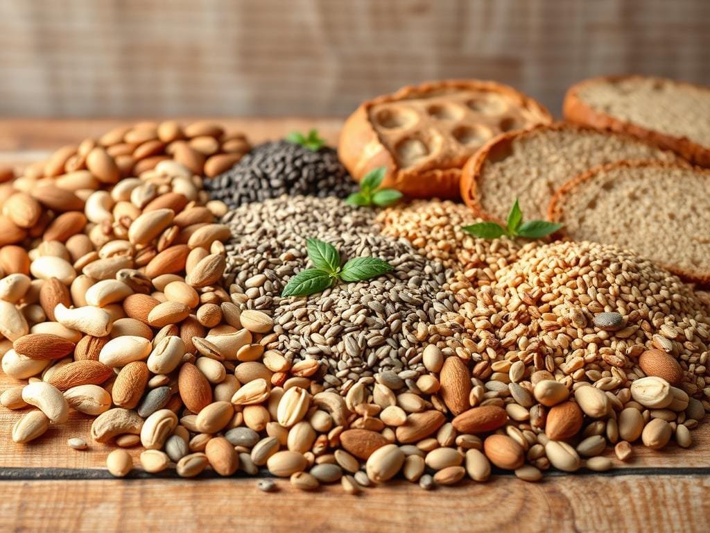 A still life arrangement showcasing a diverse selection of nutritious seeds, nuts, and grains. Arrange the foreground with a variety of whole and halved items such as almonds, cashews, chia seeds, quinoa, flaxseeds, and sunflower seeds. Place them on a rustic wooden surface with natural textures and warm, earthy tones. In the middle ground, feature a few scattered leaves, herbs, and whole grain breads to create a sense of wholesome, organic abundance. Illuminate the scene with soft, natural lighting from the side, casting gentle shadows and highlights to emphasize the shapes, colors, and textures of the ingredients. Convey a sense of nourishment, vitality, and the concentrated nutrition found in this category of superfoods.