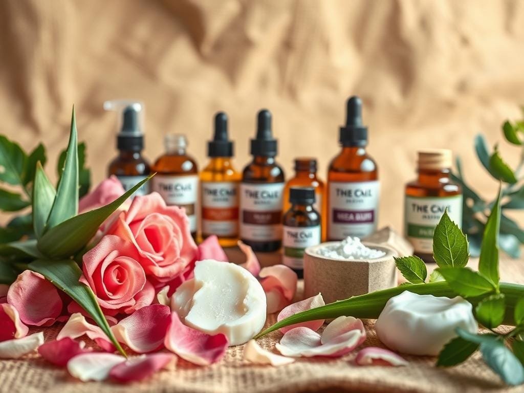 A stunning arrangement of natural skincare ingredients set against a soft, natural backdrop. In the foreground, an array of organic botanicals - fragrant rose petals, soothing aloe vera leaves, and nourishing shea butter - all arranged with artful elegance. The middle ground showcases a selection of essential oils in delicate glass bottles, their labels highlighting their beneficial properties. In the background, a warm, earthy texture evokes the feel of a serene, rustic apothecary. Gentle, diffused lighting casts a warm, radiant glow, emphasizing the purity and potency of these natural wonders. The overall mood is one of tranquility, inviting the viewer to experience the restorative power of nature's gifts for the skin.
