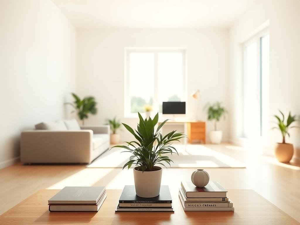 A sun-drenched living room with an open, minimalist design. In the foreground, a neatly arranged collection of essential items - a potted plant, a few carefully selected books, and a sleek, uncluttered desk. The middle ground features a large window that floods the space with natural light, casting a warm, serene glow. Beyond, the background showcases a sparse, harmonious palette of neutral tones and clean lines, emphasizing a sense of tranquility and focus. The overall composition evokes a feeling of clarity, organization, and mindful living.