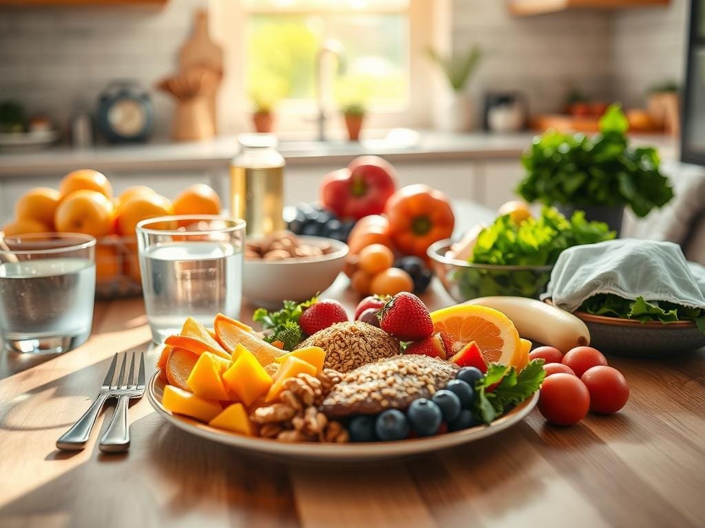 A sunlit kitchen table adorned with a vibrant spread of fresh fruits, crisp vegetables, whole grains, and lean proteins. Warm, diffused lighting casts a soft glow, highlighting the natural textures and colors of the nourishing ingredients. In the foreground, a balanced plate showcases the harmony of these food groups, symbolizing the principles of a well-rounded, healthy diet. The middle ground features additional elements like a glass of water, a bowl of nuts, and a leafy green salad, further emphasizing the diversity and balance of the scene. The background subtly suggests a clean, modern kitchen environment, creating a serene and inviting atmosphere conducive to mindful, healthful eating.