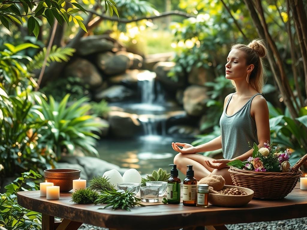A tranquil garden oasis filled with lush greenery and soothing natural elements. In the foreground, a woman sits cross-legged, eyes closed, her expression serene as she practices mindful meditation. Surrounding her, an array of holistic beauty tools - crystal bowls, fragrant candles, and a basket of fresh herbs. The middle ground features a rustic wooden table adorned with bottles of essential oils, natural skincare products, and a bowl of fragrant flowers. In the background, a cascading waterfall flows peacefully, its gentle sounds creating a calming ambiance. Soft, diffused lighting filters through the trees, casting a warm, earthy glow over the entire scene. The overall atmosphere is one of harmony, balance, and a deep connection to the natural world.