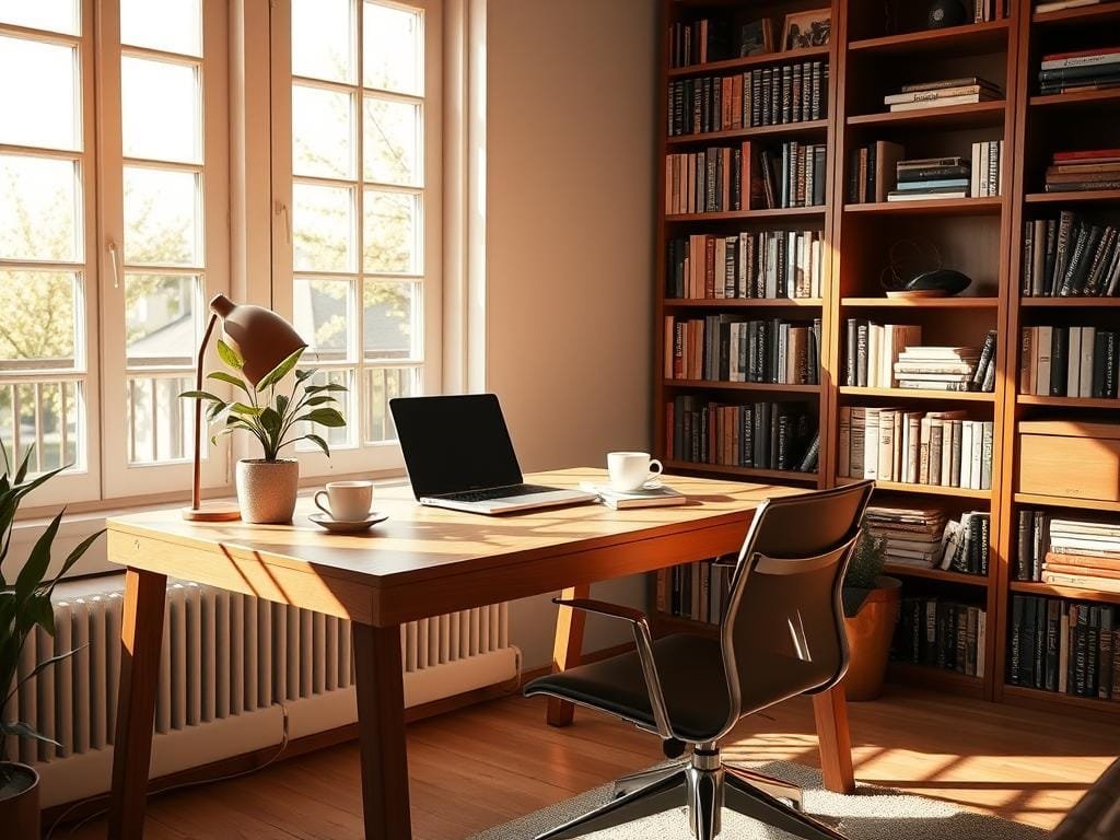 A tranquil home office setup, bathed in warm, natural light filtering through large windows. A solid wood desk with a simple, minimalist design takes center stage, accompanied by a comfortable, ergonomic chair. On the desk, a laptop, a potted plant, and a mug of hot tea create a sense of balance and focus. Bookshelves line the walls, filled with volumes that inspire contemplation. The overall atmosphere exudes a calming, zen-like ambiance, encouraging mindful productivity and mental clarity.