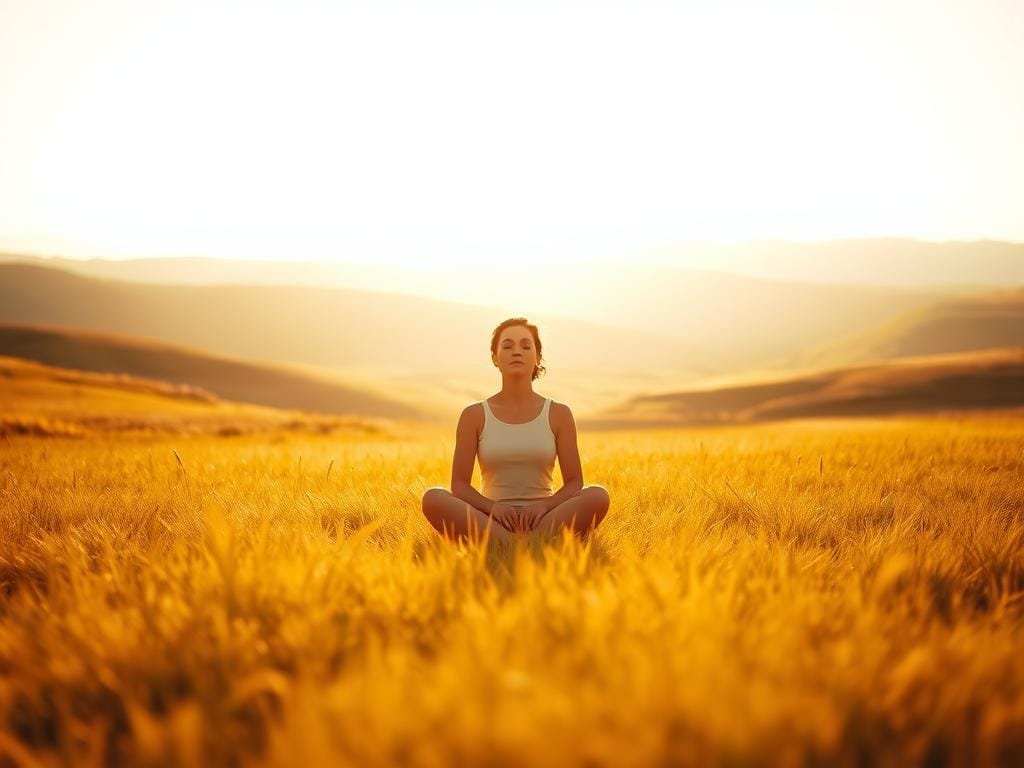 A tranquil meadow bathed in warm, golden sunlight, with a single person sitting cross-legged in the center, eyes closed and serene expression on their face. In the background, rolling hills and a vast, cloudless sky create a sense of limitless possibility. The figure's posture and demeanor convey a deep sense of inner purpose and connection, as if they have found their true north. Subtle lens flare and a soft, diffused focus add to the sense of contemplation and spiritual enlightenment. The overall atmosphere is one of peace, clarity, and a profound sense of living with intention.