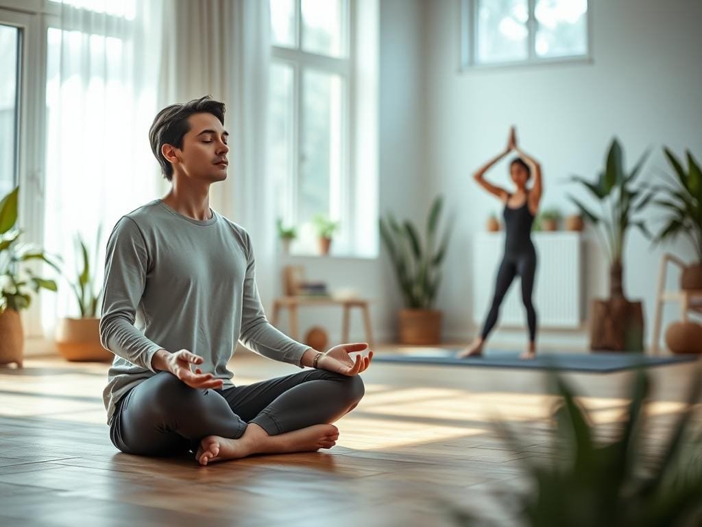 A tranquil scene depicting various mindfulness practices. In the foreground, a person sitting cross-legged on the floor, eyes closed, hands resting gently in their lap, embodying deep meditation. In the middle ground, another person performing a gentle yoga pose, their movements flowing and graceful. In the background, a minimalist home interior with natural lighting streaming through large windows, plants and natural materials creating a soothing, serene atmosphere. The overall mood is one of stillness, focus, and inner calm, inviting the viewer to pause and reflect on their own lifestyle patterns and the benefits of a more mindful approach to living.