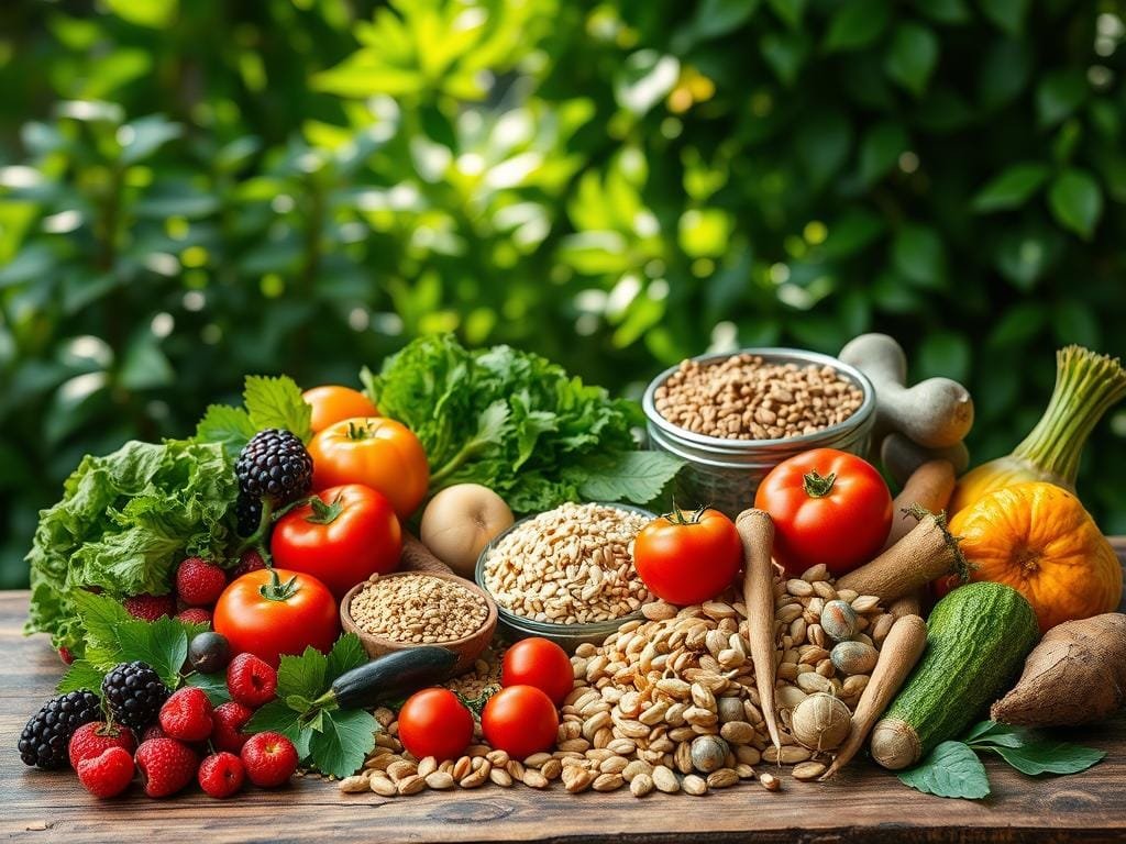 A vibrant and nourishing still life depicting an array of plant-based superfoods. In the foreground, an assortment of colorful fruits and vegetables - juicy berries, crisp greens, succulent tomatoes, and earthy root vegetables - arranged artfully on a rustic wooden surface. In the middle ground, a selection of whole grains, legumes, and nuts, each representing a vital source of plant-based protein, fiber, and healthy fats. The background features lush, verdant foliage, with dappled natural lighting casting a warm, inviting glow over the scene. The overall composition evokes a sense of abundance, vitality, and the inherent nutritional power of a plant-based diet.