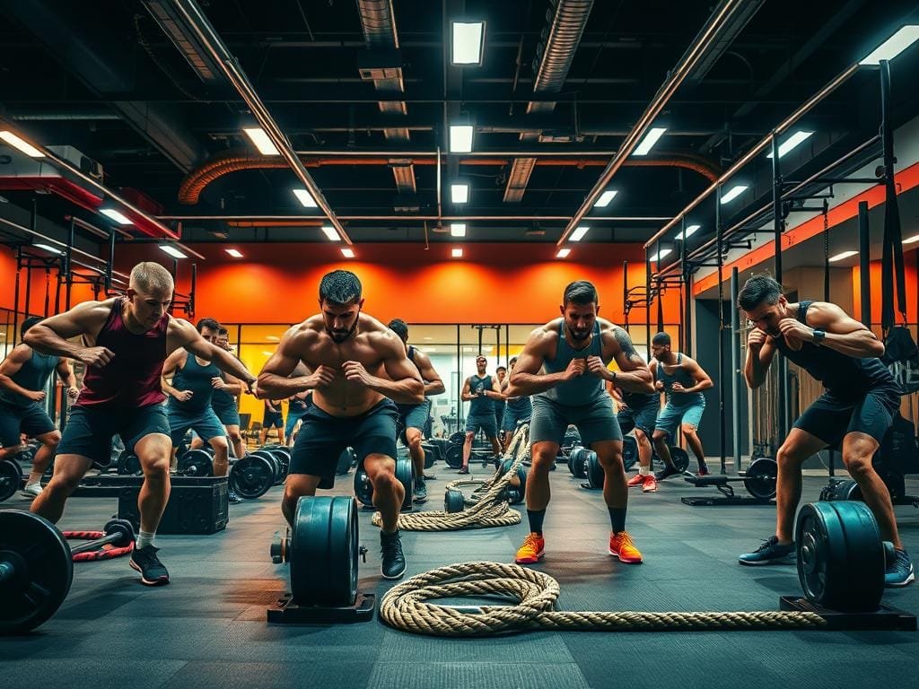 A vibrant, dynamic scene showcasing advanced training techniques for various athletic goals. In the foreground, a group of athletes engage in a high-intensity workout, their muscles straining as they push through a series of challenging exercises. The middle ground features specialized equipment like weighted sleds, battle ropes, and suspension training systems, hinting at the diverse training modalities. In the background, a state-of-the-art gym facility with sleek, modern design elements provides an immersive, motivational environment. Warm, directional lighting accentuates the athletes' determination and the cutting-edge training tools, creating an energetic, aspirational atmosphere. The overall composition conveys a sense of power, progression, and the pursuit of peak physical performance.