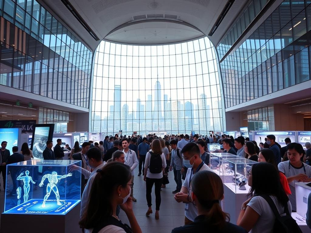 A vibrant, futuristic health tech expo set in a sleek, modern convention center. In the foreground, a group of attendees clustered around an interactive holographic display, their faces alight with wonder. In the middle ground, rows of cutting-edge medical devices and wearables are showcased in minimalist glass enclosures, bathed in soft, ambient lighting. In the background, a vast, curved glass atrium offers panoramic views of a gleaming, high-tech city skyline. The atmosphere is one of excitement, innovation, and the promise of a healthier, more connected future.