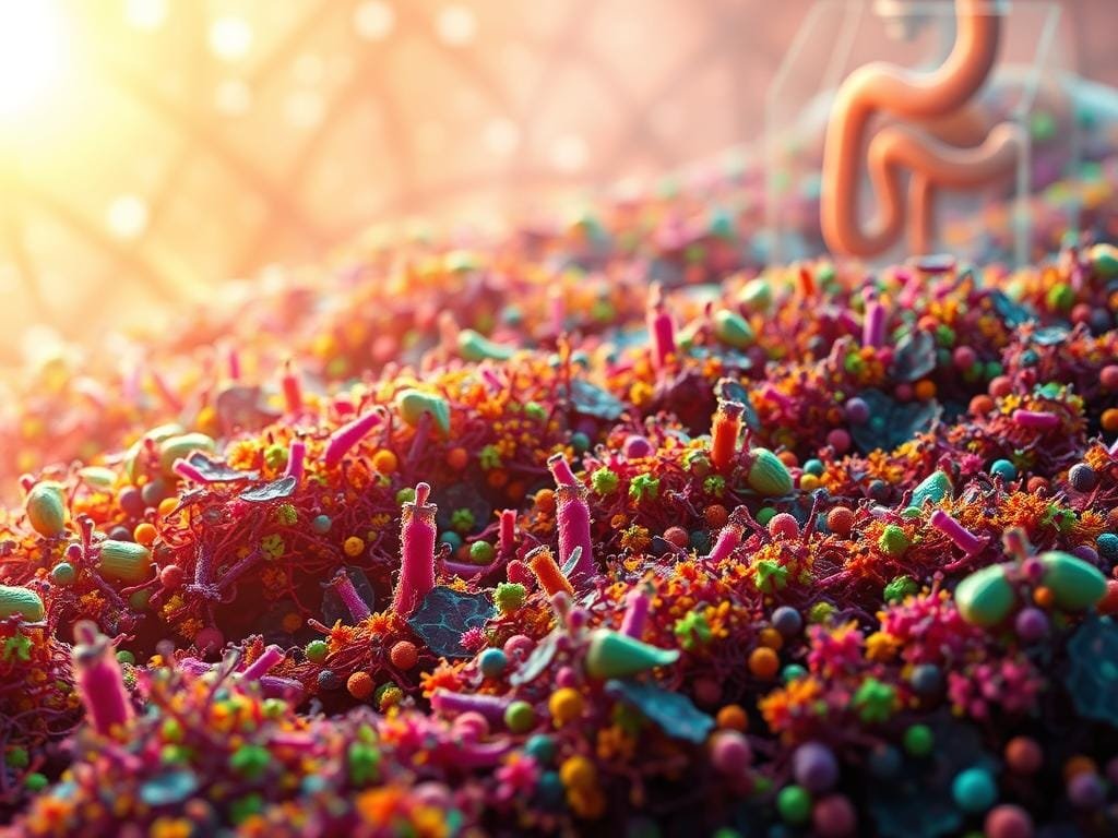 A vibrant, microscopic landscape depicting the diverse microbiome within the human gut. In the foreground, a myriad of dynamic, colorful bacterial colonies thrive, their intricate structures and interactions captured in crisp detail under the warm glow of natural lighting. The middle ground reveals a network of interconnected pathways, symbiotic relationships, and complex metabolic processes, all working in harmony to support overall health. In the distant background, the outline of the human digestive system emerges, a reminder of the vital role the microbiome plays in our overall wellbeing. The scene exudes a sense of balance, dynamism, and the incredible sophistication of the microbial world within us.