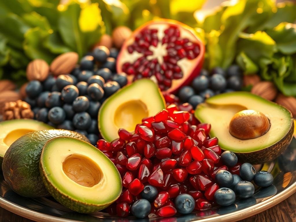 A vibrant still life arrangement of antioxidant-rich superfoods, bathed in warm, golden light. In the foreground, a platter of ripe avocados, sliced open to reveal their creamy green flesh. Surrounding them, a collection of pomegranate seeds, ruby-red and glistening, spilling out from a halved fruit. In the middle ground, clusters of blueberries, their deep purple hues contrasting with the earthy tones of walnuts and almonds. The background features lush, leafy greens, such as kale and spinach, their textures and shadows adding depth to the composition. The overall scene conveys a sense of abundance, vitality, and the nourishing power of nature's antioxidant-rich bounty.