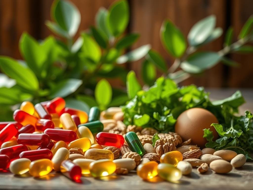 A vibrant still life capturing the essence of B-complex vitamins for hair growth. In the foreground, an assortment of gelatin capsules and softgels in shades of red, yellow, and green, arranged artfully against a backdrop of lush, verdant leaves. The middle ground features a scattering of whole foods rich in B-vitamins, such as eggs, nuts, and leafy greens, illuminated by soft, natural lighting. The background hints at a cozy, rustic setting, with warm wood tones and a sense of depth, emphasizing the holistic, nourishing nature of these essential nutrients for healthy, thriving hair.