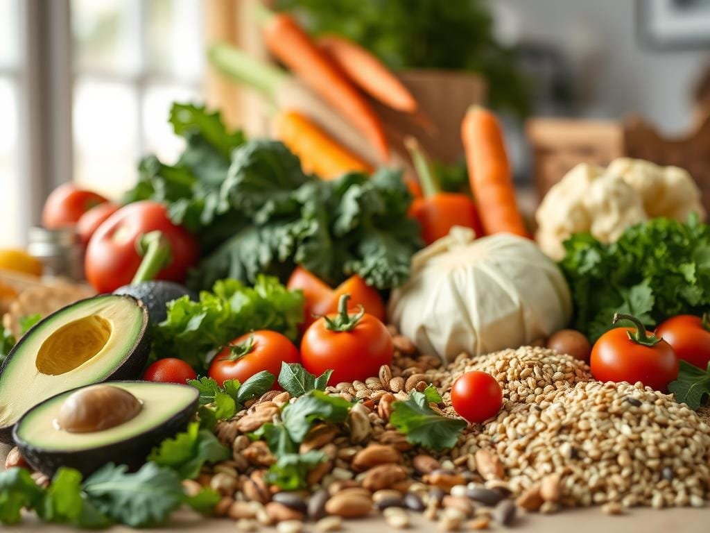 A vibrant still life capturing the essence of nutrient-dense foods. In the foreground, a bountiful arrangement of fresh produce, including ripe avocados, leafy kale, crisp carrots, and juicy tomatoes. The middle ground features a scattering of whole grains, like quinoa and brown rice, along with a handful of raw nuts and seeds. In the background, a soft, natural light filters through a window, casting a warm glow over the scene. The overall composition conveys a sense of abundance, vitality, and the nourishing power of these wholesome ingredients. Captured with a shallow depth of field, the focus is drawn to the vibrant colors and textures, inviting the viewer to appreciate the beauty and nutritional value of these nutrient-dense foods.