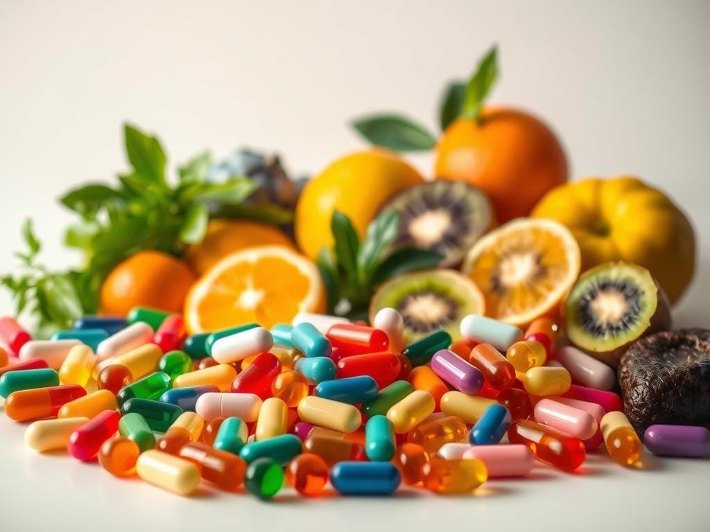 A vibrant still life composition depicting an assortment of vitamins and supplements for immune health. In the foreground, an array of colorful capsules, tablets, and softgels arranged in an elegant, geometric pattern, illuminated by warm, directional lighting. In the middle ground, fresh fruits and vegetables - oranges, lemons, kiwis, and leafy greens - providing a natural, organic contrast. The background features a clean, minimalist backdrop, allowing the subject to take center stage. The overall scene conveys a sense of scientific precision, health, and vitality, reflecting the importance of key vitamins for a stronger immune system.