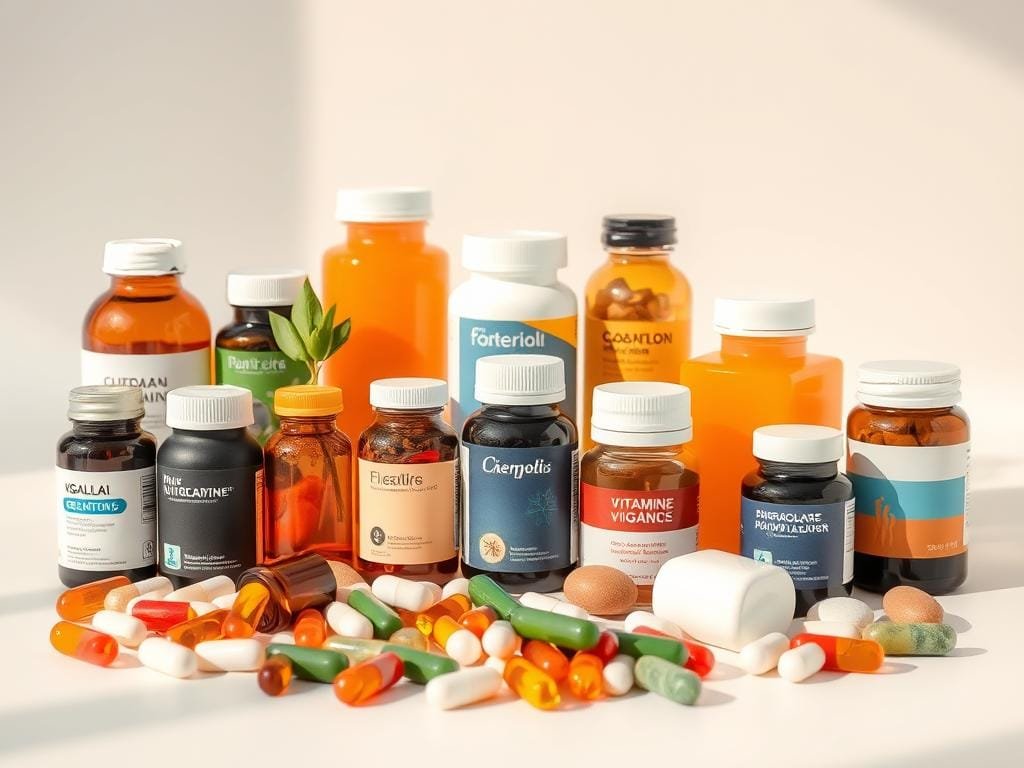 A vibrant still life composition featuring an array of vitamin supplements in various shapes, sizes, and colors, arranged on a clean, minimalist surface. The supplements are captured in natural, soft lighting, creating a sense of clarity and wellness. The image emphasizes the diversity and quality of the products, inviting the viewer to consider their potential benefits for overall health and vitality. The composition is balanced, with the supplements positioned to create a visually appealing and harmonious display, showcasing their importance as part of a comprehensive approach to nutritional wellness.