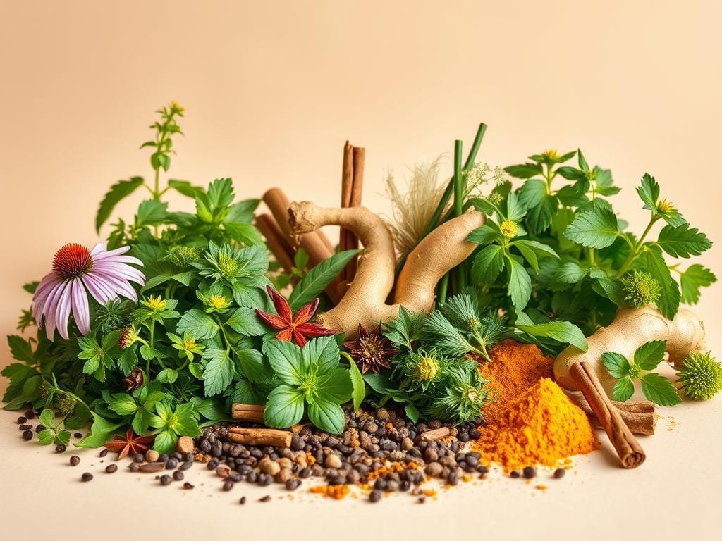 A vibrant still-life composition of an assortment of fresh, aromatic herbs and spices against a soft, muted backdrop. In the foreground, an array of green leafy herbs like echinacea, astragalus, turmeric, and ginger artfully arranged, their textures and colors creating a visually captivating display. The mid-ground features a scattering of whole and ground spices such as black pepper, cinnamon, and cloves, complementing the herbs. Warm, natural lighting casts a gentle glow, highlighting the intricate details and bringing out the earthy tones. The overall atmosphere conveys a sense of wellness, vitality, and the powerful, immune-boosting properties of these botanicals.