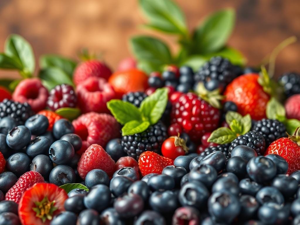A vibrant still life showcasing an array of antioxidant-rich berries and fruits. In the foreground, a cluster of luscious blueberries, their deep purple hues glistening under soft, natural lighting. Surrounding them, a mix of raspberries, blackberries, and juicy red strawberries, their vibrant colors contrasting against a backdrop of verdant leaves. In the middle ground, a selection of exotic superfoods like acai berries, goji berries, and pomegranate arils, their distinctive shapes and textures adding visual intrigue. The background features a warm, earthy tone, with hints of warmth and richness, evoking a sense of nourishment and vitality. The overall composition is balanced, highlighting the bountiful array of nature's antioxidant powerhouses.