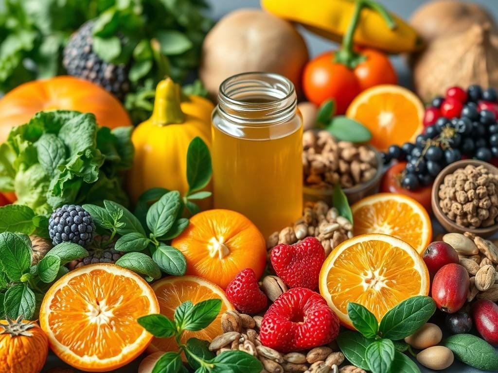 A vibrant still life showcasing an array of immune-boosting superfoods. In the foreground, a variety of fresh fruits and vegetables pop with vibrant colors - juicy oranges, leafy greens, antioxidant-rich berries. Surrounding them, a selection of nuts, seeds, and herbs exude a sense of natural vitality. The middle ground features a glass jar filled with a golden liquid, perhaps a supplement or tonic. Soft, natural lighting illuminates the scene, casting gentle shadows and highlights that emphasize the nutritional richness. The overall composition conveys a harmonious balance of nature's most potent immune-strengthening ingredients.