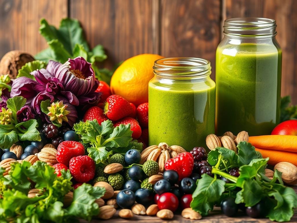 A vibrant still life showcasing the nutrient-dense bounty of superfoods. In the foreground, a lush arrangement of leafy greens, vibrant berries, and crunchy nuts, illuminated by warm, natural lighting. In the middle ground, a glass jar filled with a vivid green smoothie, its contents seemingly glowing from within. The background features a rustic wooden surface, creating a grounded, earthy atmosphere. The overall composition conveys a sense of vitality, wholesome goodness, and the power of superfoods to nourish and energize the body.