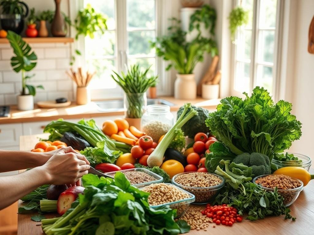 A vibrant, sun-dappled kitchen counter, showcasing a bountiful array of fresh, plant-based ingredients - vibrant leafy greens, crunchy vegetables, colorful fruits, and an array of whole grains and legumes. In the foreground, a pair of hands carefully chopping and preparing these nourishing foods, while in the background, a large window allows natural light to pour in, creating a warm, inviting atmosphere. The scene conveys a sense of mindful transition, where a healthier, more sustainable lifestyle is being embraced, one delicious bite at a time.
