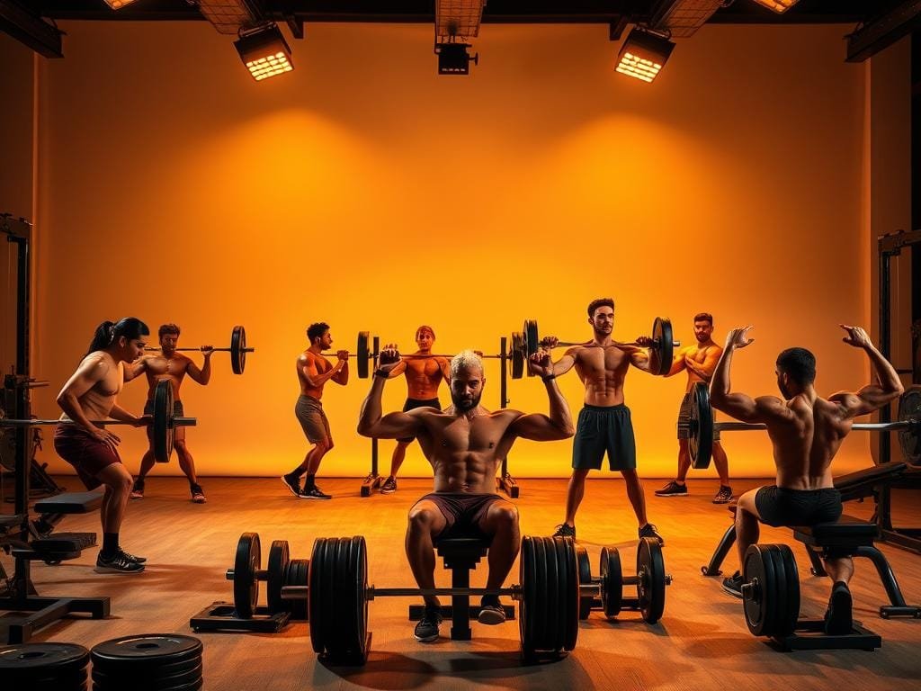 A vibrant, well-lit studio setting with a clean, minimalist backdrop. In the foreground, a series of essential weight training exercises are depicted, including deadlifts, squats, bench presses, and bicep curls, performed by fit, diverse models showcasing proper form and technique. The mid-ground features weight training equipment such as barbells, dumbbells, and weight plates arranged in an organized manner. The lighting is warm and directional, creating dramatic shadows and highlights that accentuate the muscular definition of the models. The overall mood is one of strength, discipline, and the pursuit of physical fitness.