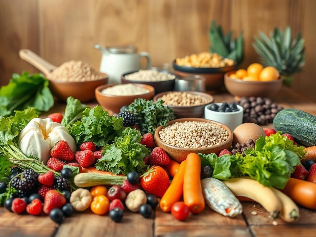 A visually striking still life arrangement showcasing the five essential food groups. In the foreground, a selection of fresh, colorful produce including leafy greens, juicy berries, and crisp vegetables, artfully arranged on a rustic wooden table. In the middle ground, various whole grains and legumes in earthy ceramic bowls. In the background, a glimpse of dairy products and lean protein sources such as eggs and fish, all illuminated by warm, natural lighting and captured from a slightly elevated angle to create a sense of balance and harmony. The overall mood is one of nourishment, wellness, and a celebration of the vibrant, life-sustaining power of a balanced, nutrient-rich diet.