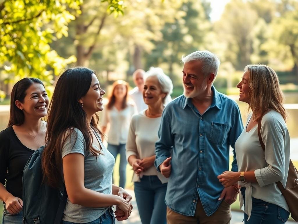 A warm, inviting scene of people engaged in joyful social interaction. In the foreground, a group of friends laughing and conversing, their faces radiating genuine happiness. In the middle ground, couples and families strolling together, their body language conveying a sense of connection and belonging. The background features a vibrant, sun-dappled park setting, with lush greenery and a serene pond reflecting the tranquil atmosphere. The lighting is soft and natural, creating a cozy, welcoming ambiance that invites the viewer to imagine themselves as part of this supportive, thriving community. The overall composition emphasizes the profound role that meaningful social relationships play in cultivating a fulfilling and sustainable life.