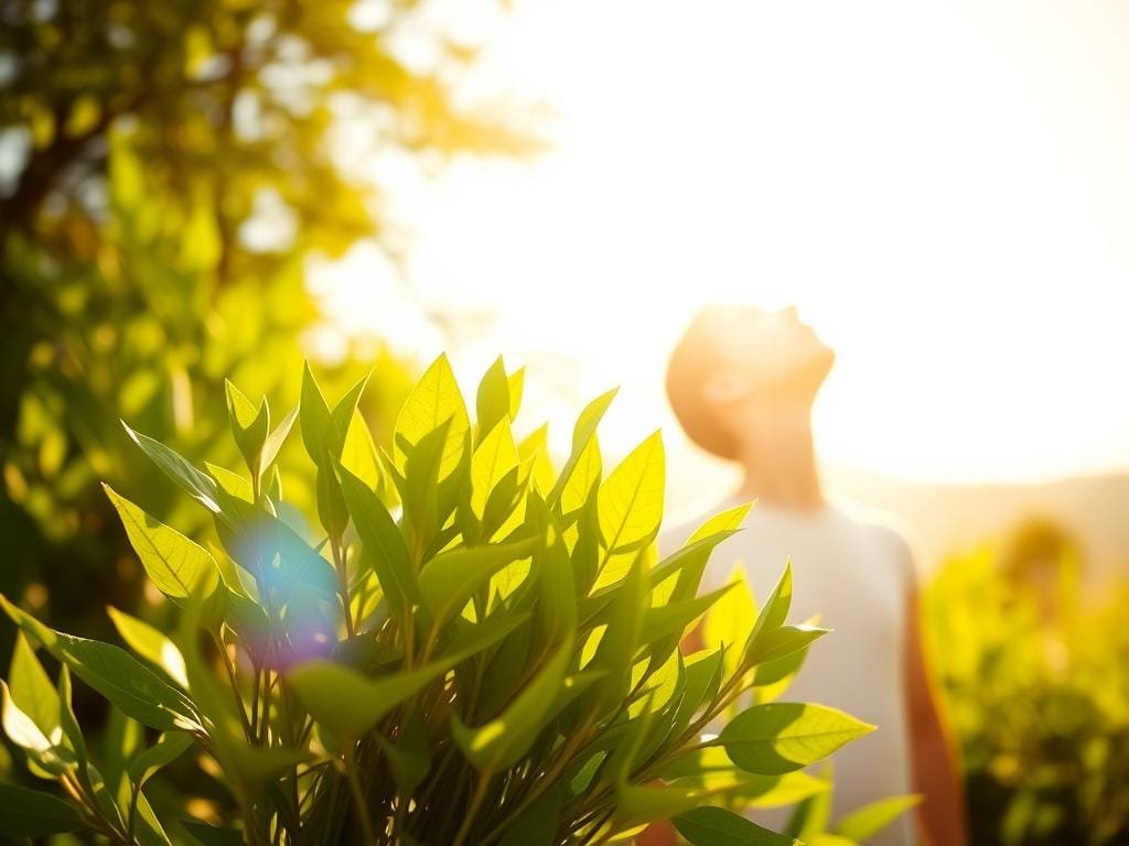 A warm, sunny day illuminates a lush, verdant landscape. In the foreground, a glowing sun radiates its life-giving energy, casting a gentle glow across the scene. Prominently featured, a bouquet of fresh, vibrant green leaves and stems symbolizes the power of nature's most essential vitamin - Vitamin D. The middle ground showcases a human figure, their face upturned to bask in the sun's rays, embodying the fusion of sunlight and immune system support. In the background, a soft, hazy atmosphere suggests an atmosphere of wellness, health, and vitality. Captured through a wide-angle lens, this image conveys the holistic, restorative essence of Vitamin D's role in bolstering the body's natural defenses.