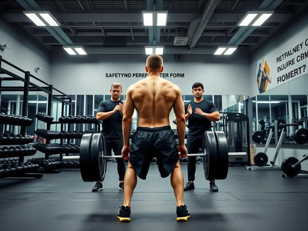 A weight training gym with bright, clean lighting and a sleek, modern aesthetic. In the foreground, a person performing a proper deadlift technique, maintaining a straight back and using their legs to lift the weight. In the middle ground, spotters stand ready to assist, their hands positioned to catch the bar if needed. The background features racks of free weights, exercise machines, and motivational wall art promoting safety and proper form. The overall atmosphere conveys a sense of focused intensity and a commitment to injury prevention.