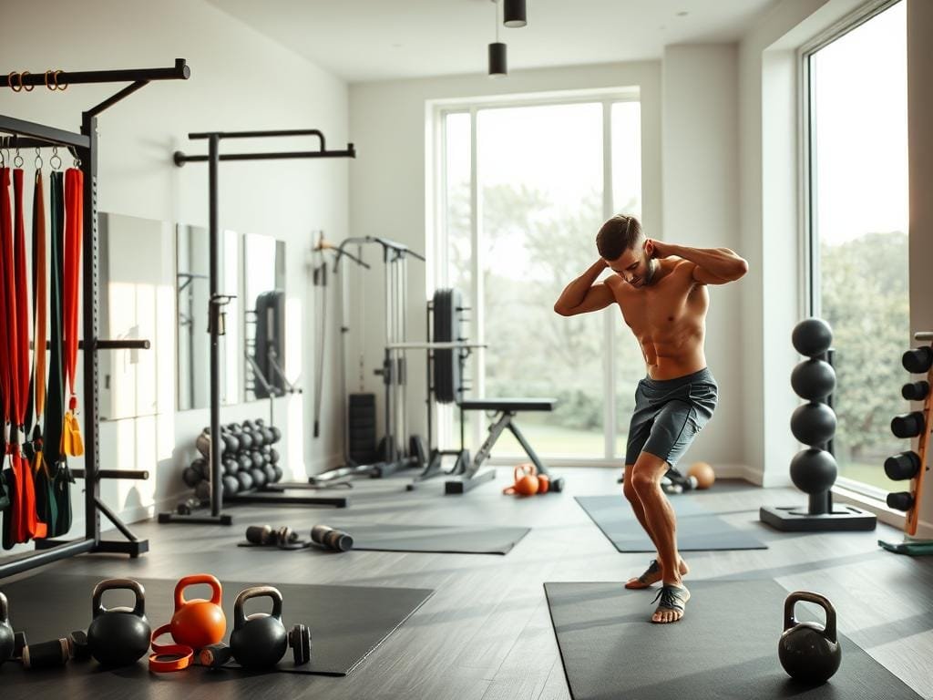 A well-equipped home gym with modern exercise equipment, including a weight rack, resistance bands, yoga mats, and kettlebells. The lighting is bright and natural, with large windows allowing ample sunlight to stream in. The room has a minimalist, contemporary design with clean lines and a neutral color palette. In the foreground, a person is performing a dynamic, high-intensity workout, their body in perfect form as they execute a series of advanced exercises. The atmosphere conveys a sense of focus, discipline, and the pursuit of physical transformation.
