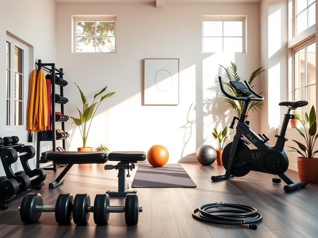 A well-lit home gym, bathed in warm, natural light streaming through large windows. In the foreground, an array of essential home workout equipment: a sturdy weight bench, a set of adjustable dumbbells, a resistance band rack, and a sleek exercise bike. The middle ground features a yoga mat, a medicine ball, and a jump rope, creating a balanced, functional setup. The background showcases a minimalist, zen-inspired decor, with potted plants and a serene wall art piece, evoking a sense of tranquility and focus. The overall composition conveys a cohesive, organized, and motivating home workout environment.