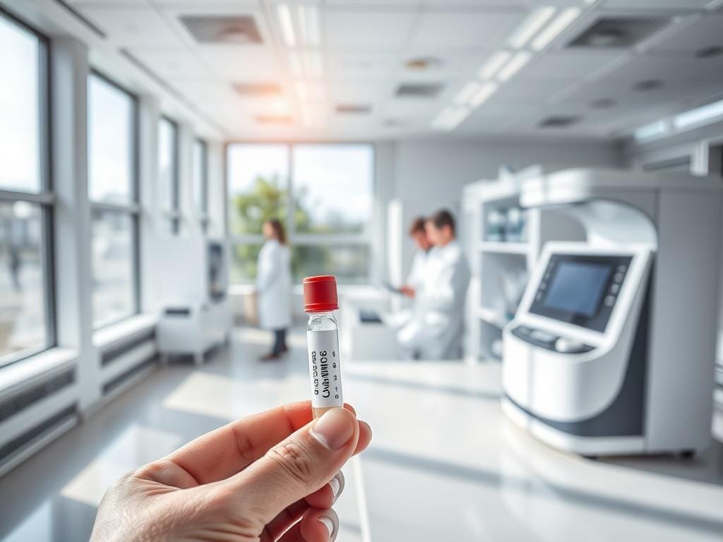 A well-lit medical laboratory interior, with a modern and sterile aesthetic. In the foreground, a person's hand holds a small blood vial, ready for vitamin D testing. Nearby, a state-of-the-art analyzer instrument stands on a sleek countertop, its display showing scientific data. In the middle ground, lab technicians in white coats carefully document test results. The background features floor-to-ceiling windows, allowing natural light to flood the space, symbolizing the connection between vitamin D and sunlight. The overall mood is one of clinical professionalism and health awareness.