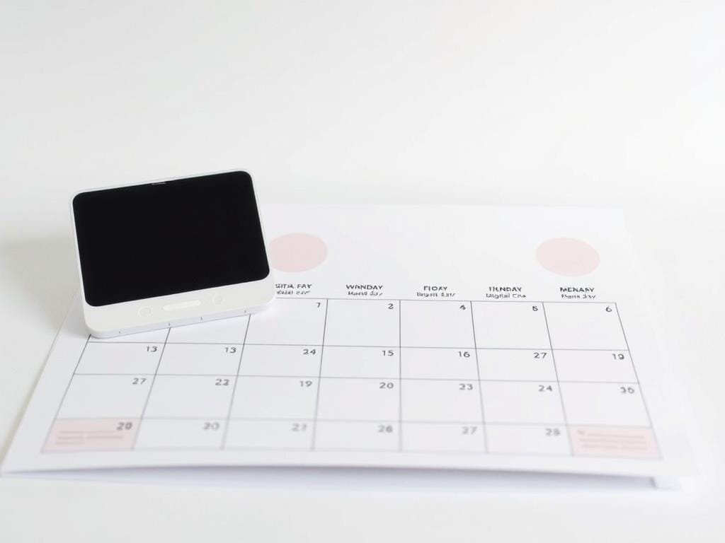 A well-organized digital detox calendar with a clean, minimalist design. The calendar pages feature soft pastel colors and simple geometric patterns, conveying a sense of tranquility and focus. In the foreground, a stylized digital device rests on the calendar, symbolic of disconnecting from technology. The middle ground showcases monthly pages with designated "digital-free" time slots, encouraging a structured approach to digital detox. The background features a subtle gradient, creating a serene and calming atmosphere. The overall composition suggests a balanced, intentional approach to reclaiming one's time and attention in a connected world.