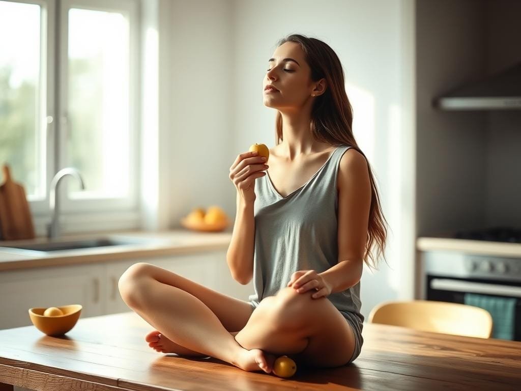 A woman sitting cross-legged on a wooden table, her eyes closed in deep contemplation as she slowly savors a piece of ripe fruit. Soft natural lighting filters through a window, casting a warm glow on her serene expression. In the background, a minimalist kitchen with clean lines and a few simple ingredients, conveying a sense of intentionality and mindfulness. The overall atmosphere is one of tranquility, inviting the viewer to slow down and be present in the moment.