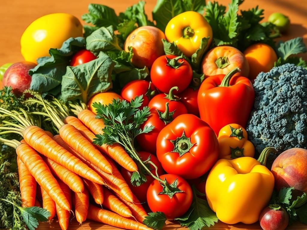 An abundant and visually appealing still life arrangement showcasing a variety of vitamin A-rich foods. In the foreground, lush, vibrant orange carrots, ruby-red tomatoes, and golden-yellow bell peppers are arranged in a natural, organic manner. Behind them, leafy greens such as spinach and kale add pops of verdant color, while ripe, yellow-orange mangoes and apricots provide a contrasting sweetness. The scene is illuminated by warm, natural lighting, casting soft shadows and highlights that enhance the rich, saturated hues of the produce. The overall composition evokes a sense of health, vitality, and the bounty of nature's nutritious offerings.