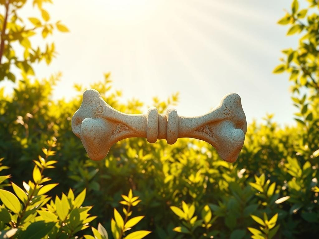 Detailed digital illustration of healthy human bones bathed in warm, golden sunlight. A central focal point showcases a pair of sturdy femur bones, their intricate structure and calcium-rich density highlighted by dramatic shadows and highlights. Surrounding the bones, lush green foliage and a serene, naturalistic landscape create a calming, restorative environment, emphasizing the vital role of vitamin D from sunlight exposure in maintaining strong, flexible bones. The composition is balanced, with a slight bird's-eye perspective to provide an informative, educational view of this essential aspect of human health and wellness.