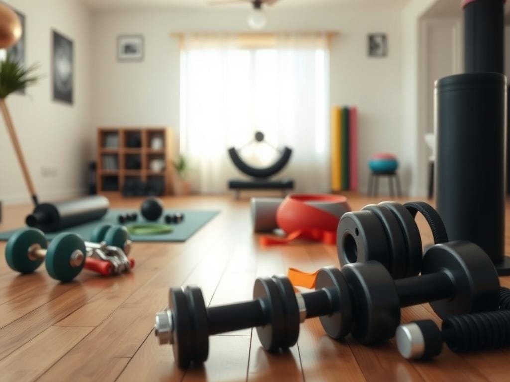 Detailed, well-organized home workout plan with dumbbells, resistance bands, and yoga mat in a bright, airy studio space. Foreground features various exercise equipment neatly arranged on a wooden floor, with a neutral-toned wall in the background. Soft, warm lighting casts a welcoming glow, creating a motivating and productive atmosphere. The image conveys a sense of structure, personalization, and attainable fitness goals.
