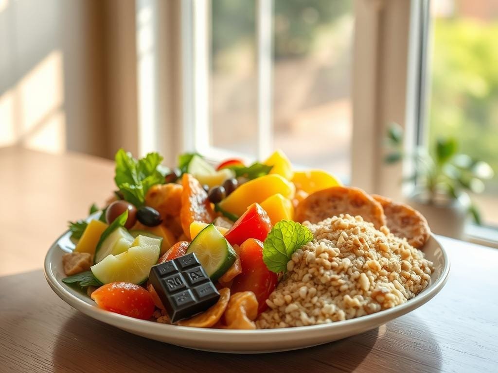 A balanced, colorful plate showcases a harmonious arrangement of fresh fruits, vegetables, whole grains, and lean proteins. Sunlight filters through a large window, casting a warm, natural glow over the scene. The composition is carefully considered, with each element thoughtfully placed to create a visually appealing and nutritionally-balanced meal. A small serving of a sweet treat, such as a dark chocolate square or a drizzle of honey, sits alongside the main dishes, representing the idea of sugar moderation within a healthy, sustainable diet. The overall mood is one of wellness, balance, and mindful indulgence.