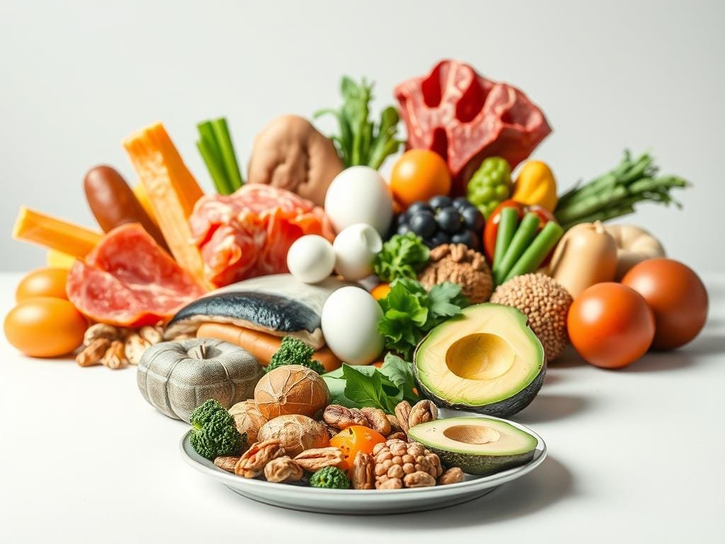 A balanced composition of vibrant, three-dimensional food items representing the three macronutrients - protein, carbohydrates, and fats. In the foreground, a plate or platter displays an artful arrangement of high-quality whole foods such as lean meats, fish, eggs, vegetables, whole grains, nuts, and avocado. The middle ground features a clean, minimalist background with soft, directional lighting highlighting the textures and colors of the macronutrient components. The overall mood is one of harmony, wholeness, and nutritional balance, conveying the idea of a well-planned, healthy, and sustainable diet.