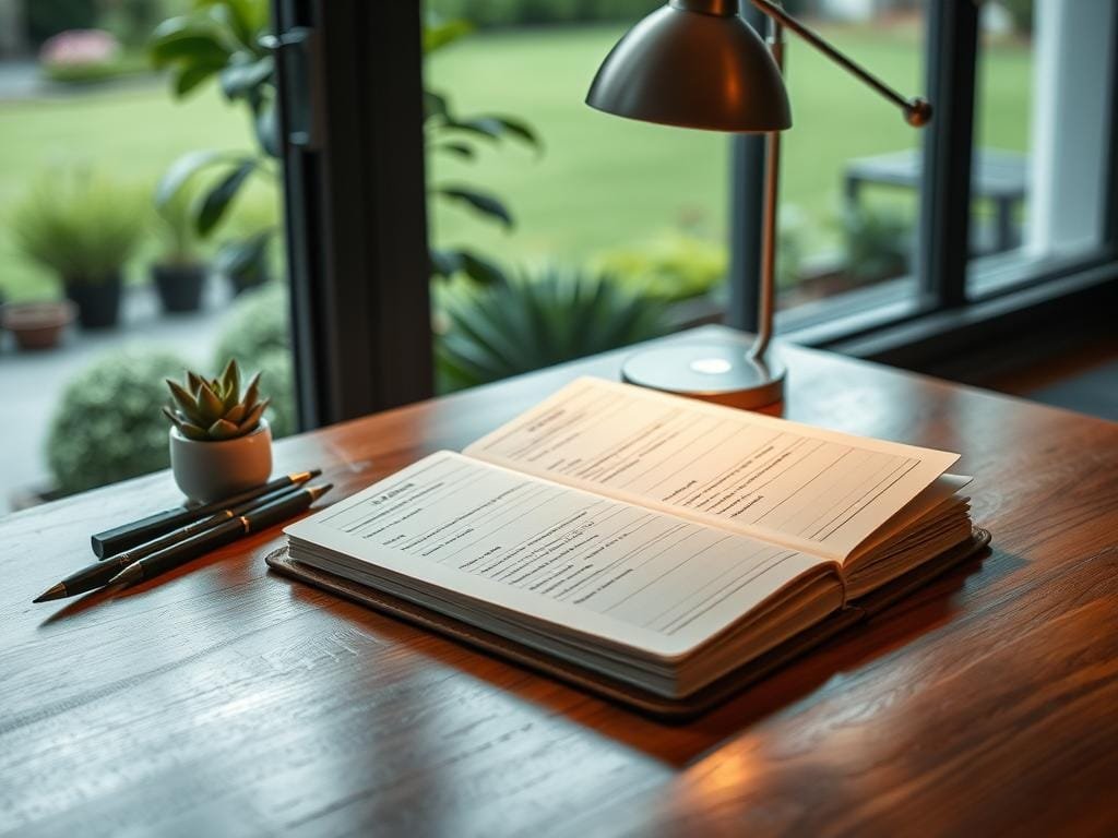 A beautifully crafted habit tracker, sitting atop a polished wooden desk. In the foreground, an elegant leather-bound journal with meticulously organized pages, each detailing a different daily habit. Beside it, a set of calligraphy pens and a small succulent plant, creating a serene and focused workspace. The middle ground features a minimalist desk lamp, casting a warm, ambient glow across the scene. In the background, a large window overlooks a tranquil garden, the soft natural light filtering through, adding to the sense of calm and productivity. The overall composition conveys a harmonious balance between structure, organization, and the peaceful flow of daily routines.