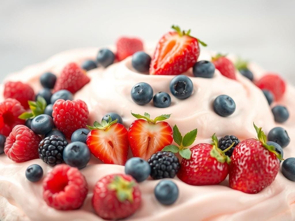 A beautifully curated arrangement of fresh, juicy berries nestled atop a creamy, cloud-like dessert. The berries, ranging from plump raspberries and blueberries to tart blackberries and succulent strawberries, are artfully scattered across the soft, pale surface, creating a vibrant and visually captivating scene. The dessert, perhaps a silky custard or a delicate meringue, provides a delicate and complimentary backdrop, allowing the natural sweetness and vibrant colors of the berries to take center stage. Soft, diffused lighting bathes the composition in a warm, inviting glow, highlighting the natural textures and hues of the ingredients. The overall mood is one of sophistication, nourishment, and the celebration of nature's bounty.