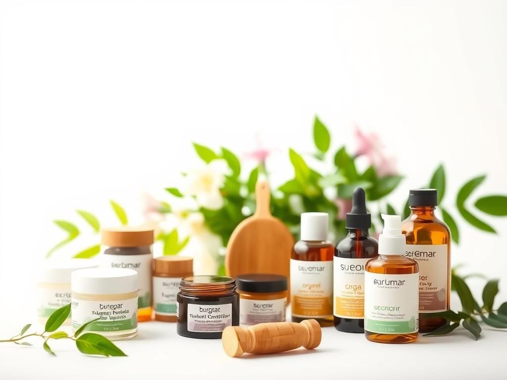 A beautifully lit studio shot of an assortment of eco-friendly beauty products laid out on a minimalist white background. In the foreground, an arrangement of natural skincare items such as moisturizers, serums, and cleansers in recyclable glass jars and bottles, their labels highlighting organic, vegan, and cruelty-free claims. In the middle ground, a few holistic self-care accessories like a bamboo brush and a crystal facial roller. The background features lush, verdant leaves and flowers, creating a tranquil, nature-inspired atmosphere. Soft, diffused lighting casts a warm, inviting glow on the clean, modern composition.