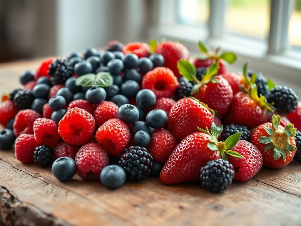 A bountiful arrangement of ripe, juicy berries - blueberries, raspberries, blackberries, and strawberries - artfully displayed on a rustic wooden surface, illuminated by soft, natural lighting from a window. The berries are captured in high detail, their vibrant colors and luscious textures enticing the viewer. The background is softly blurred, creating a sense of depth and focus on the beneficial bounty. The overall mood is one of health, vitality, and the inherent goodness of nature's superfood gifts.
