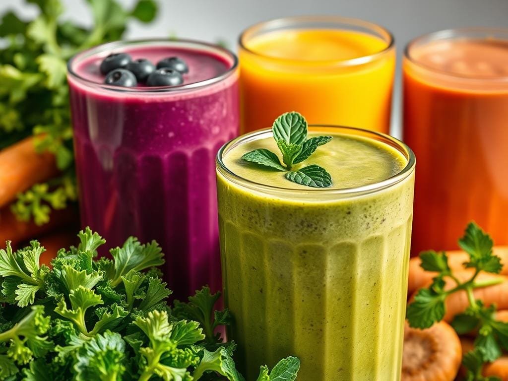 A bountiful arrangement of vibrant superfood smoothies, their colors bursting with nutrient-rich ingredients. In the foreground, a thick, creamy green smoothie with kale, spinach, and avocado, garnished with a sprig of mint. In the middle, a deep purple smoothie, infused with antioxidant-packed blueberries and acai. In the background, a vibrant orange smoothie, enriched with carrots, ginger, and turmeric, radiating a warm, soothing glow. The scene is captured in soft, natural lighting, highlighting the luscious textures and inviting aromas of these nourishing superfood blends. The overall mood is one of health, vitality, and a celebration of nature's finest ingredients.