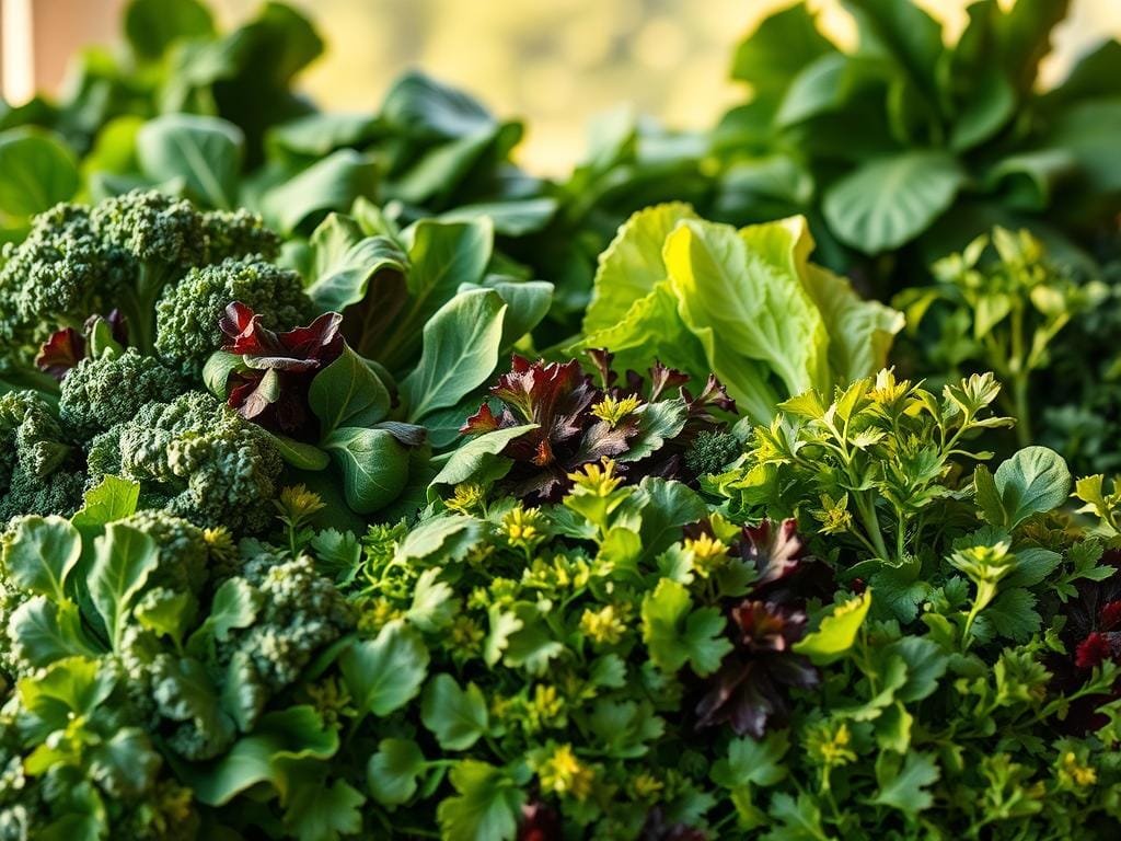 A bountiful assortment of lush, vibrant leafy greens fills the frame, bathed in warm, natural lighting that casts a soft, inviting glow. In the foreground, a variety of nutrient-dense leaves - kale, spinach, chard, and arugula - are arranged in an artful, organic composition, their intricate textures and hues accentuated. In the middle ground, additional leafy greens, such as romaine and collard greens, cascade across the scene, conveying a sense of abundance and nourishment. The background features a serene, blurred natural setting, hinting at the essential role these leafy superfoods play in supporting gut health and optimal digestion.