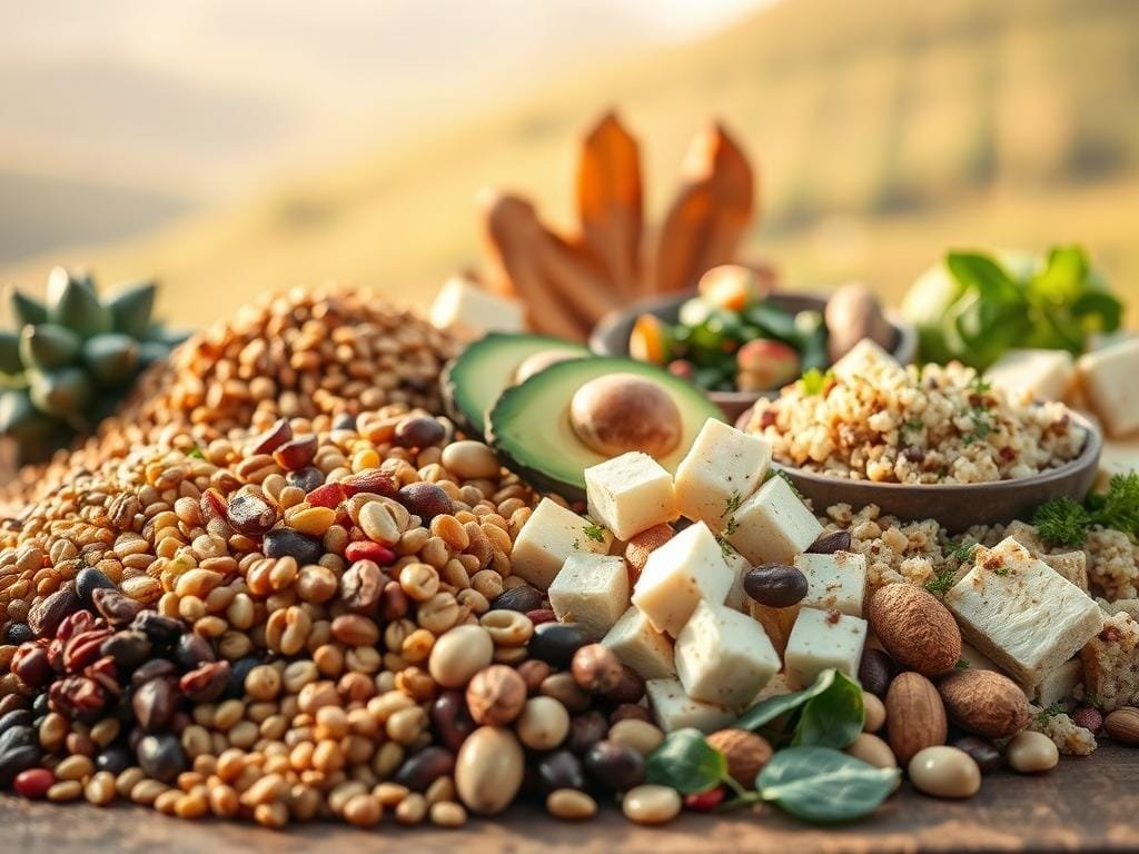 A bountiful display of plant-based protein sources, captured in a still life composition. In the foreground, an array of whole grains, legumes, and nuts arranged artfully, their textures and colors accentuated by warm, natural lighting. In the middle ground, sliced avocado, tofu, and quinoa salad, showcasing the variety of complete plant-based proteins. The background features a soft, blurred landscape, conveying a sense of harmony and balance. The overall scene exudes a earthy, nourishing atmosphere, inviting the viewer to explore the abundance of complete protein options available in the plant-based realm.