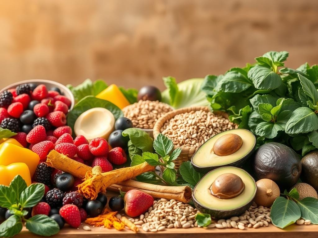 A bountiful harvest of anti-inflammatory superfoods, arranged in a natural, sun-dappled setting. In the foreground, a vibrant array of fruits and vegetables - juicy berries, crisp leafy greens, vibrant turmeric, and hearty avocados. The middle ground features a selection of whole grains, nuts, and seeds, complementing the produce. In the background, a serene, earthy backdrop with soft, warm lighting, evoking a sense of nourishment and wellness. The composition exudes an inviting, wholesome atmosphere, visually conveying the benefits of an anti-inflammatory diet.