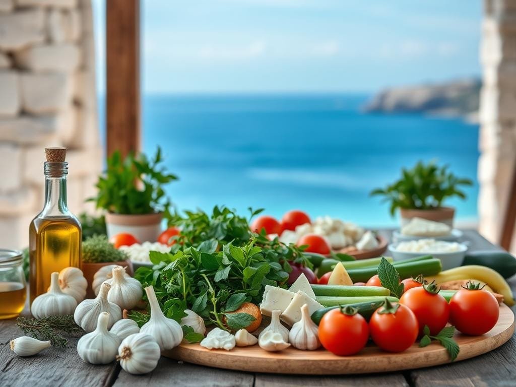 A bountiful spread of fresh, vibrant Mediterranean delights arranged on a rustic wooden table. In the foreground, an abundance of olive oil, garlic, and fragrant herbs. In the middle, a selection of sun-ripened tomatoes, crisp cucumbers, and creamy feta cheese. In the background, a backdrop of azure blue skies and a distant coastline, hinting at the region's stunning natural beauty. The lighting is soft and natural, casting a warm, inviting glow over the scene. The overall atmosphere evokes a sense of simplicity, health, and the joy of sharing a nourishing, mindful meal.