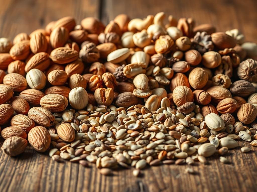A bountiful still life arrangement of various nuts and seeds on a rustic wooden surface, bathed in warm, natural lighting. In the foreground, an assortment of whole and shelled almonds, walnuts, cashews, and pumpkin seeds, their textures and colors invitingly showcased. In the middle ground, a scattering of sunflower, chia, and flax seeds, their tiny forms contrasting with the larger nuts. The background fades into a soft, blurred backdrop, allowing the crunchy protein-rich protagonists to take center stage. A composition that celebrates the versatility and nutritional power of these plant-based superfoods.